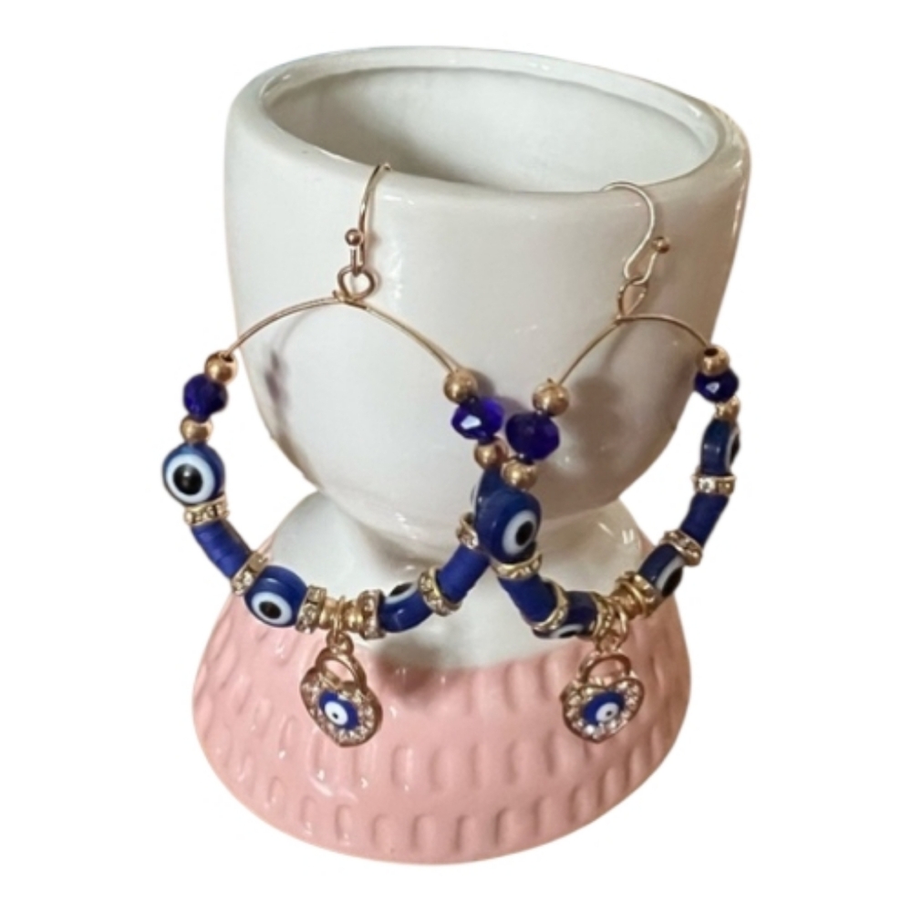 Blossom ~ Blue & Gold Evil Eye Beaded Hoop Earrings NWT